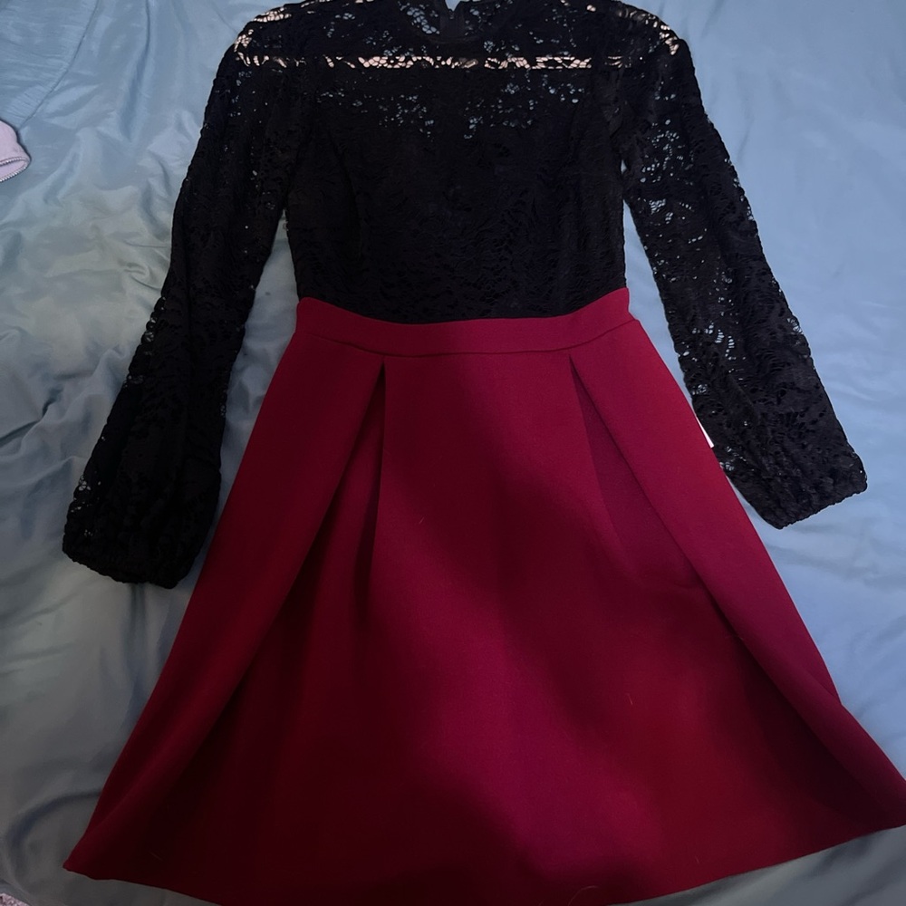 Black Lace Top with Burgundy Pleated Skirt Dress